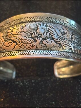 Engraved Dragon And Phoenix Cuff Bracelet in Silver Tone